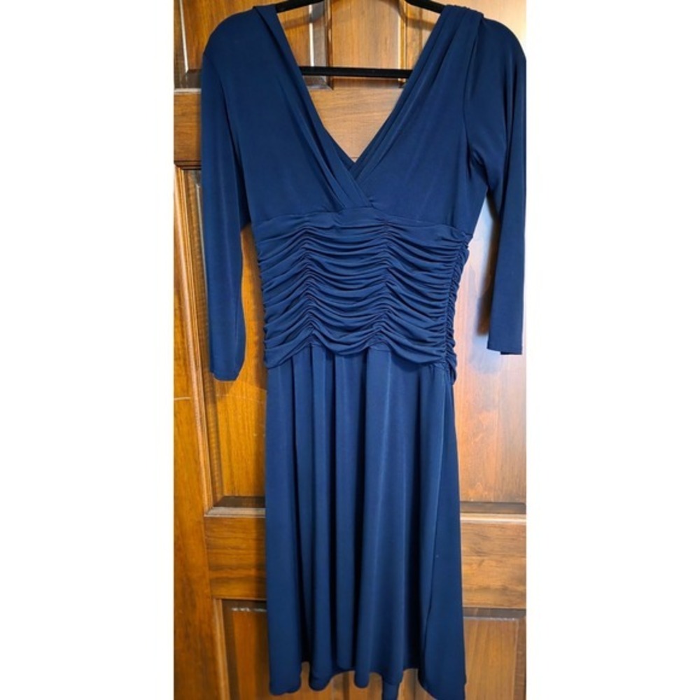 505 Dressbarn Navy Blue Ruched Waist V-Neck 3/4 Sleeve Midi Cocktail Dress Sz 10